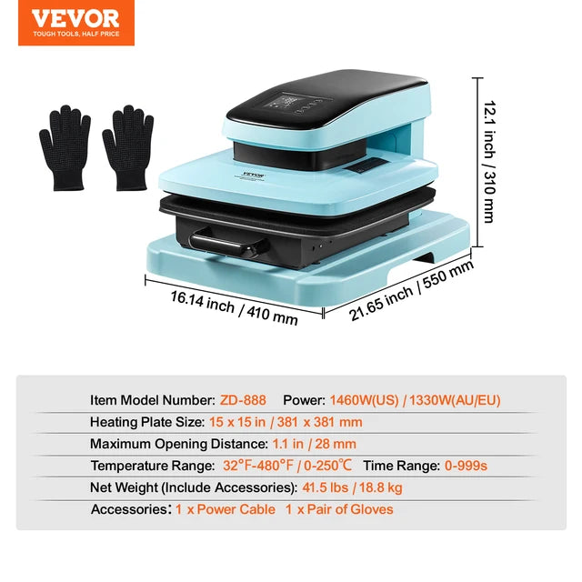 VEVOR Auto Heat Press Machine 15x15in with Auto Release Heats Up Fast and Evenly Sublimation Heat Press for T Shirts Sublimation