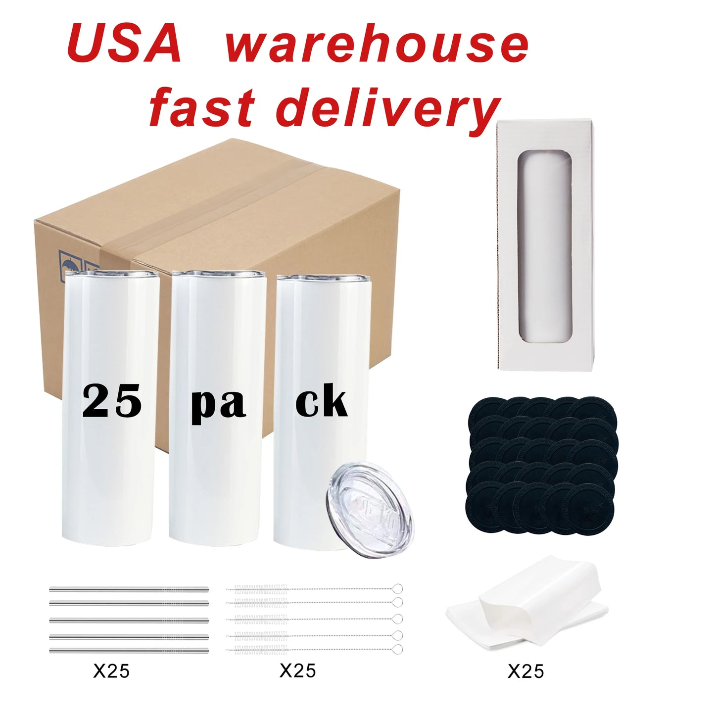 USA Warehouse In Stock 20oz 30oz Sublimation Blanks Straight Skinny Tumbler Double Wall S Steel With Lid And Metal Straw